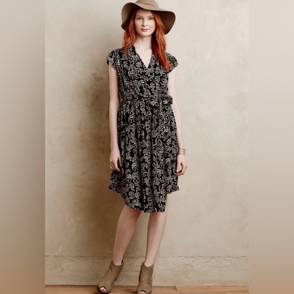 Anthropologie Maeve NORONHA BLACK ELEPHANT MOTIF faux wrap dress size medium - Picture 1 of 13